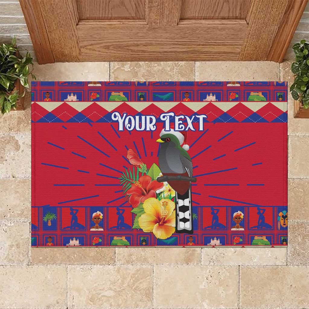 Red rubber doormat with grey bird, hibiscus blooms, and “Your Text” at doorway