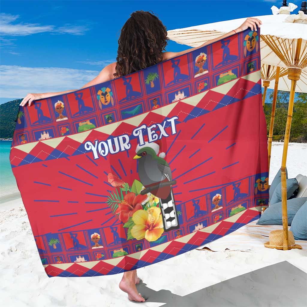 Red sarong with geometric pattern, hibiscus and bird graphic, “YOUR TEXT” print