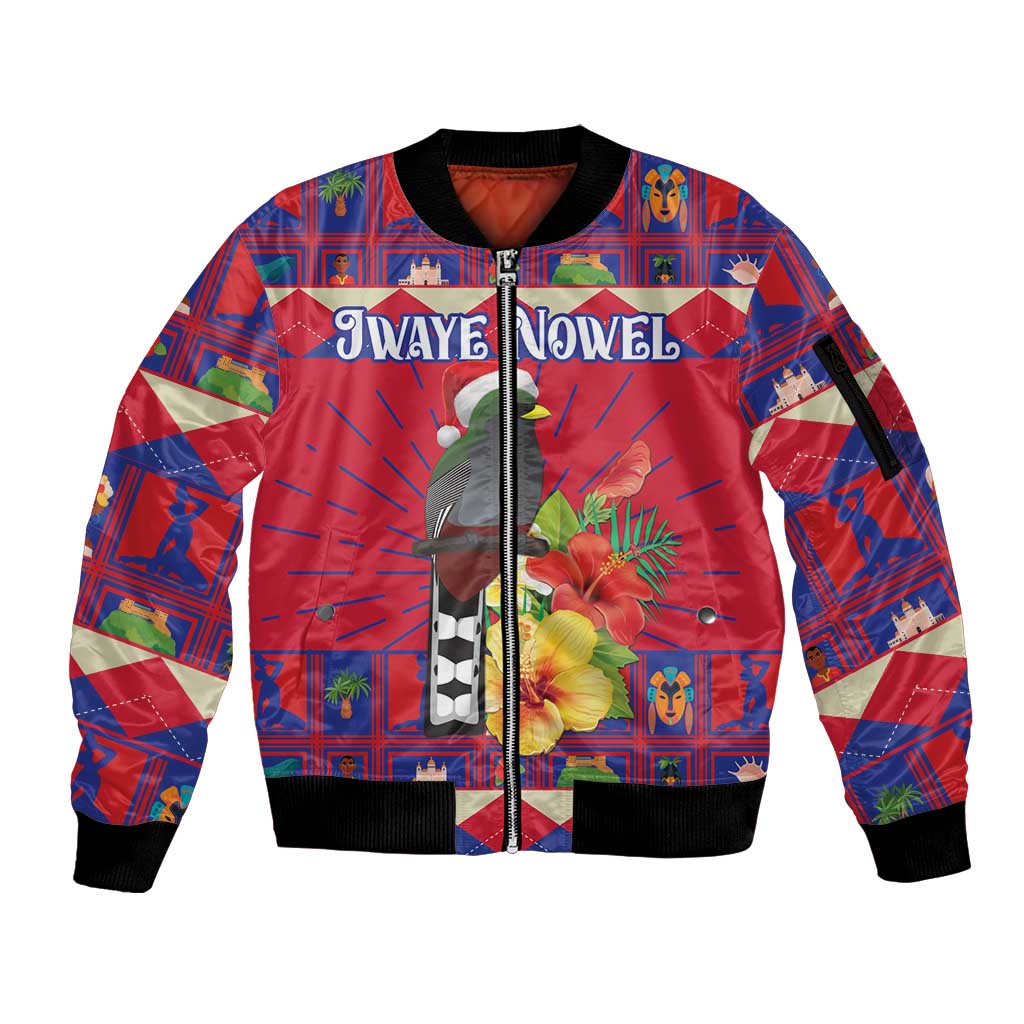 Unisex red zip bomber jacket with bird, hibiscus flowers, holiday text, black rib trim