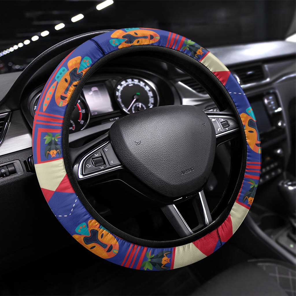 Steering wheel cover with colorful parrot and tropical floral pattern, black edge