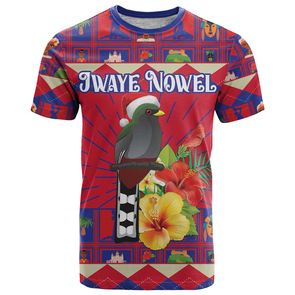 Red graphic t-shirt with trogon bird and hibiscus flowers, 'Jwaye Nowel' text