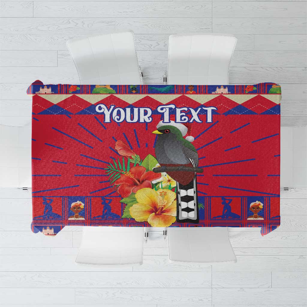 Red patterned tablecloth with bird and hibiscus flowers, plus space for personalized text
