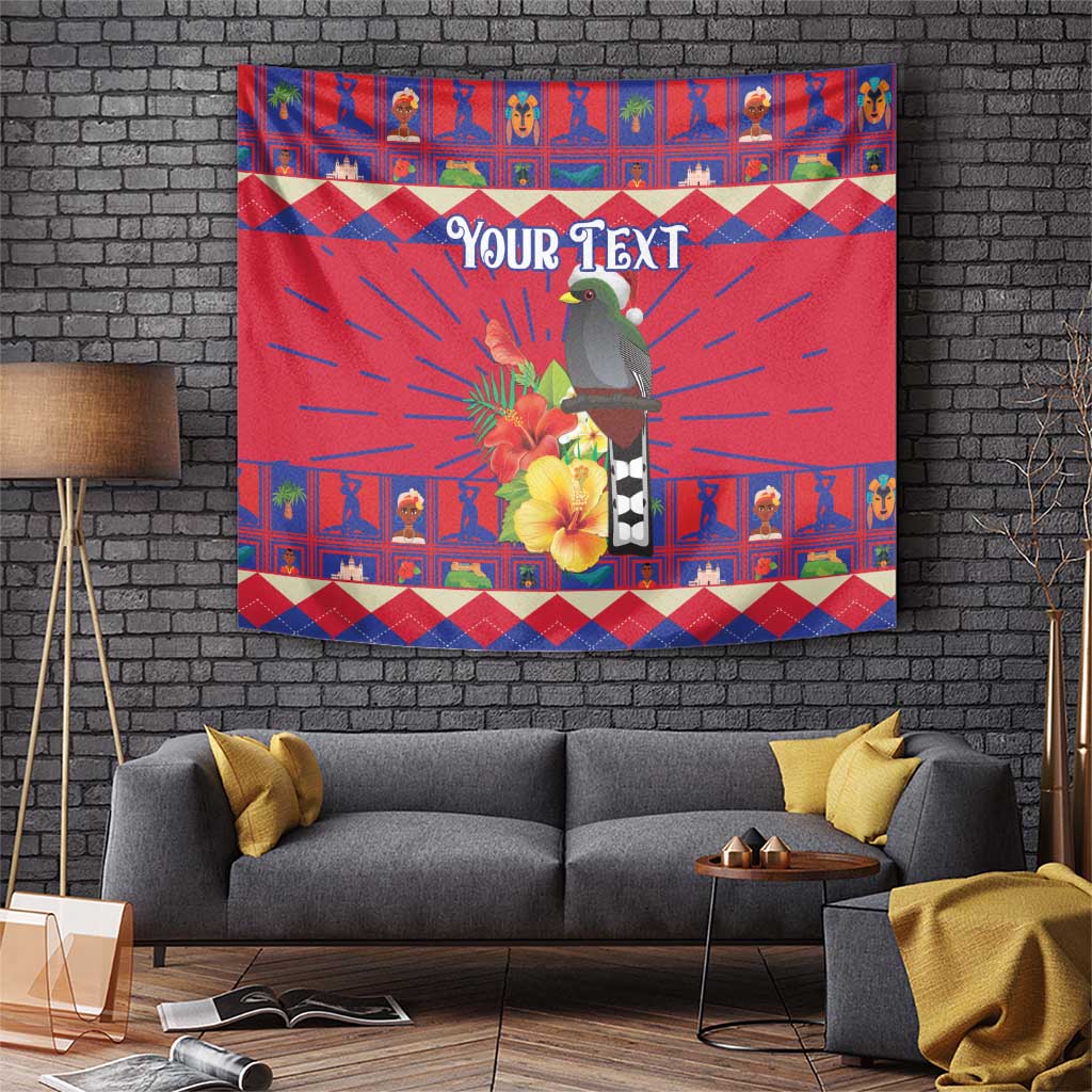 Red wall tapestry with tropical bird, hibiscus flowers, and white "Your Text" title