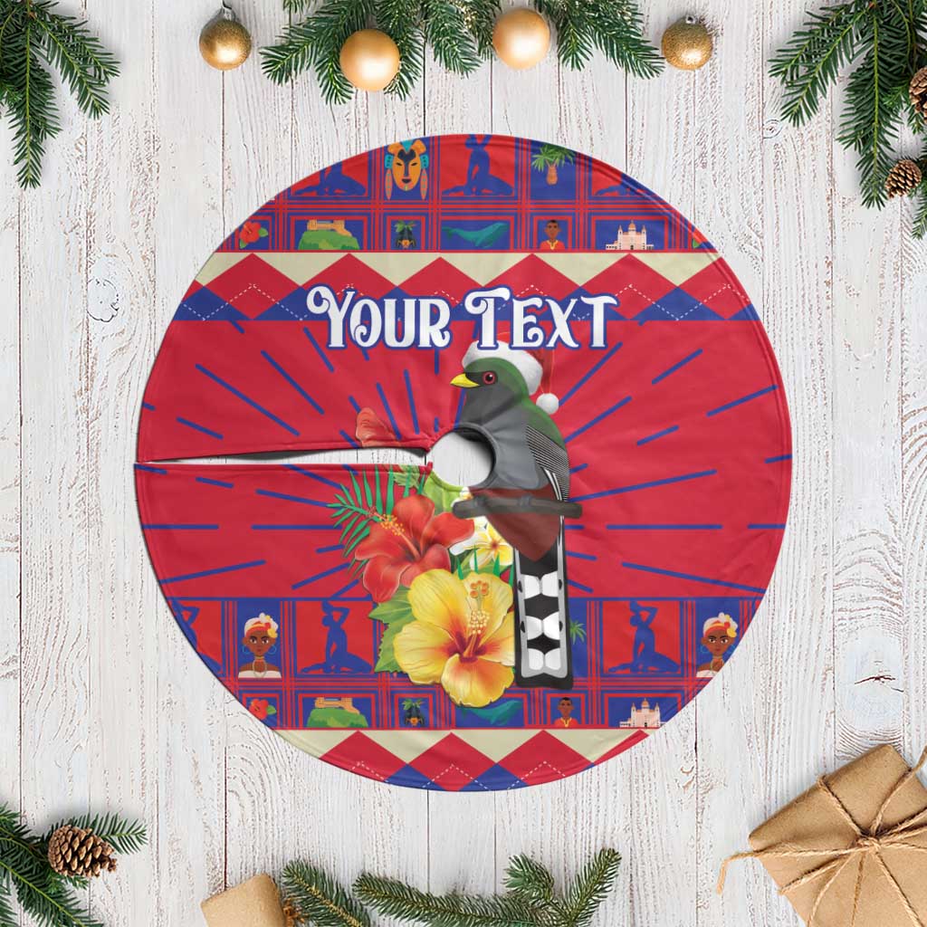 Red round tree skirt with white fringe, bird and hibiscus graphic, "Your Text"