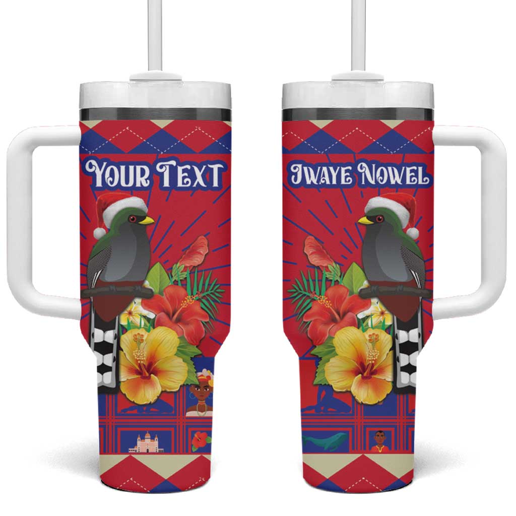 Red tumbler with handle and straw; bird with hibiscus flowers; “Your Text” on front.