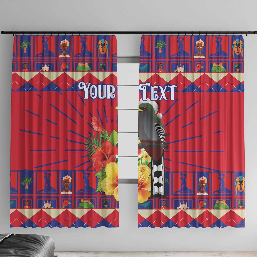 Red window curtain set with toucan illustration and hibiscus flowers, personalized text.