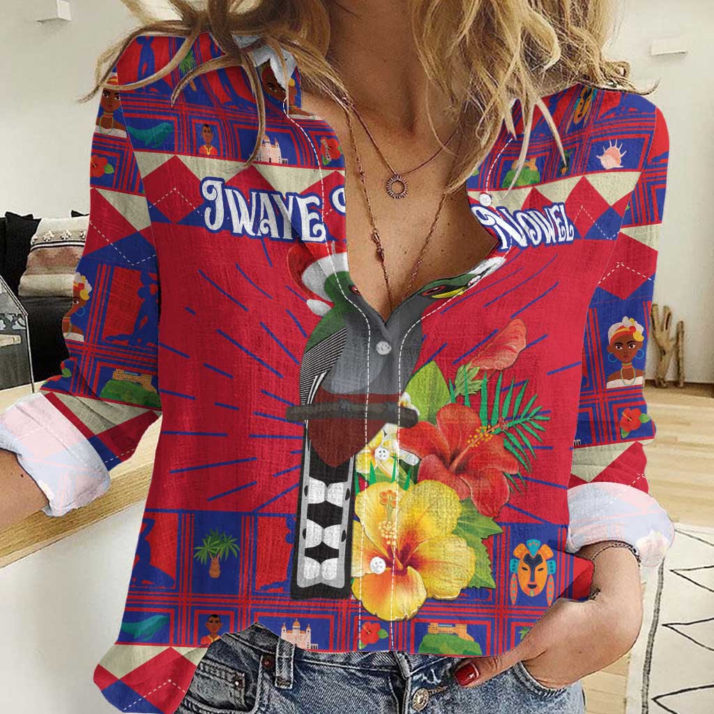Red casual women’s button-up shirt with bird and hibiscus floral print