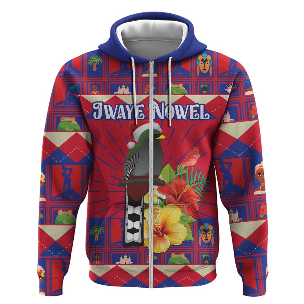 Red zip hoodie with blue hood; bird and hibiscus-style flower print; front text