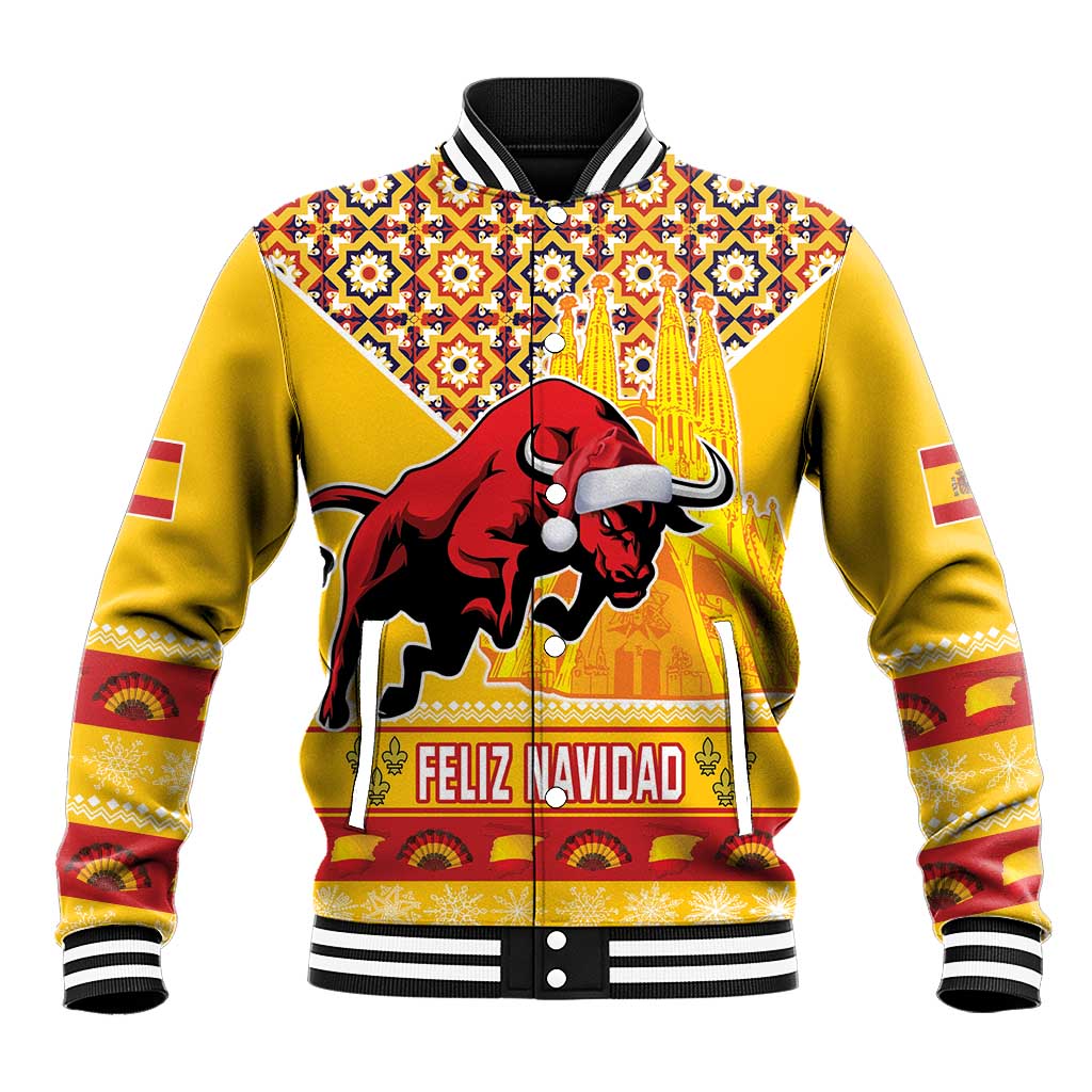 Spain Christmas Baseball Jacket Noble Bull With Sagrada Famlia - Wonder Print Shop