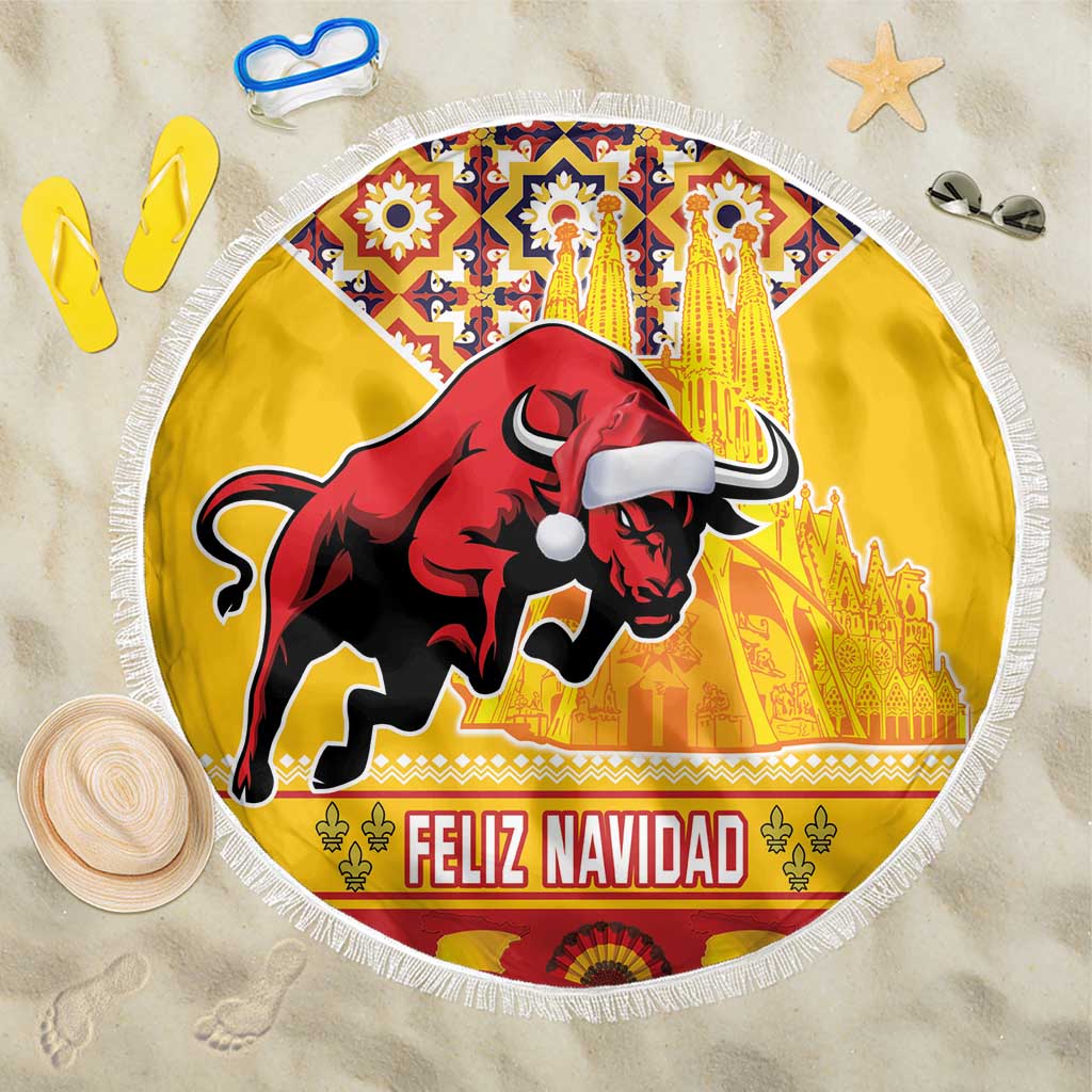 Round yellow beach blanket with red bull and “Feliz Navidad” text, white fringe edge