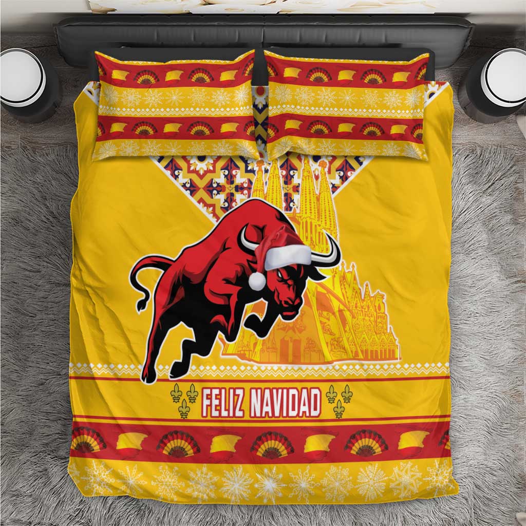 Yellow Christmas bedding set with red bull graphic, 'Feliz Navidad' text, and Sagrada Familia skyline
