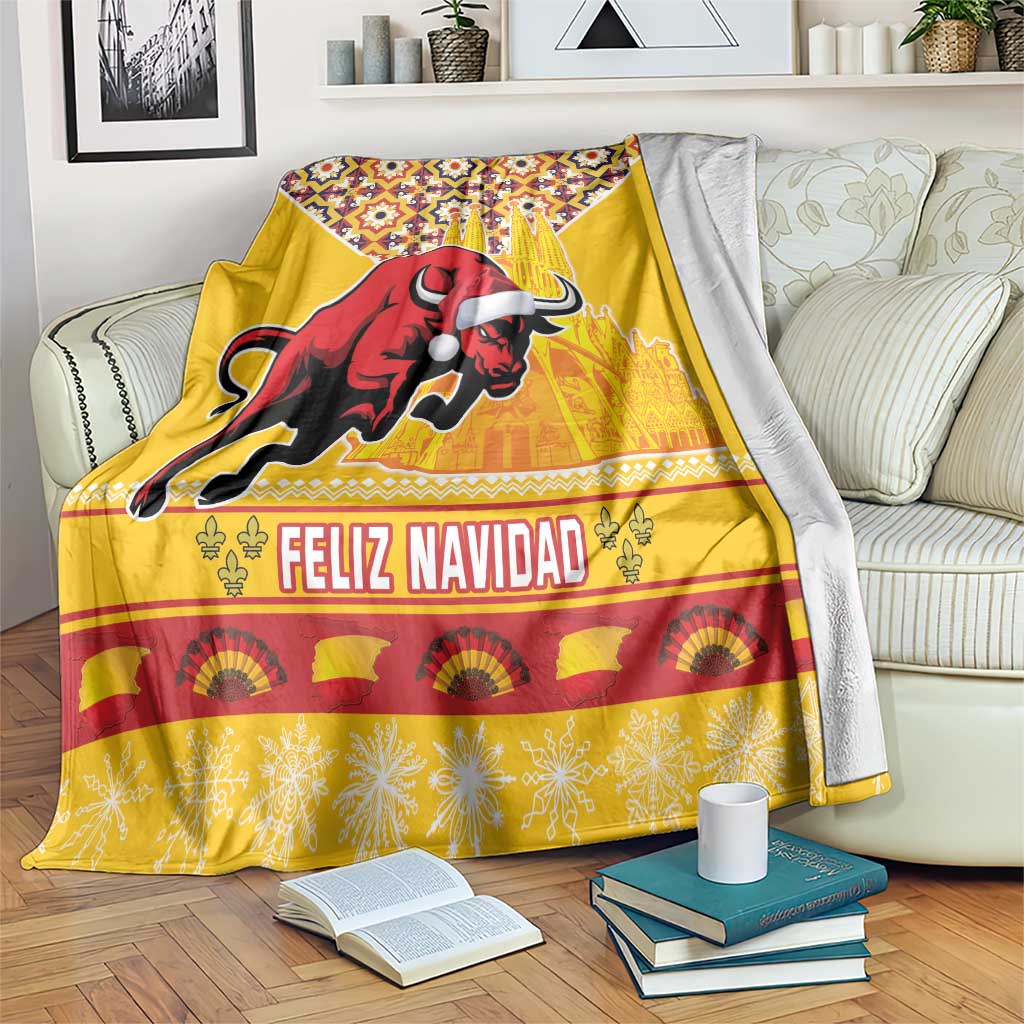 Feliz Navidad holiday blanket in yellow with bull and cathedral graphic