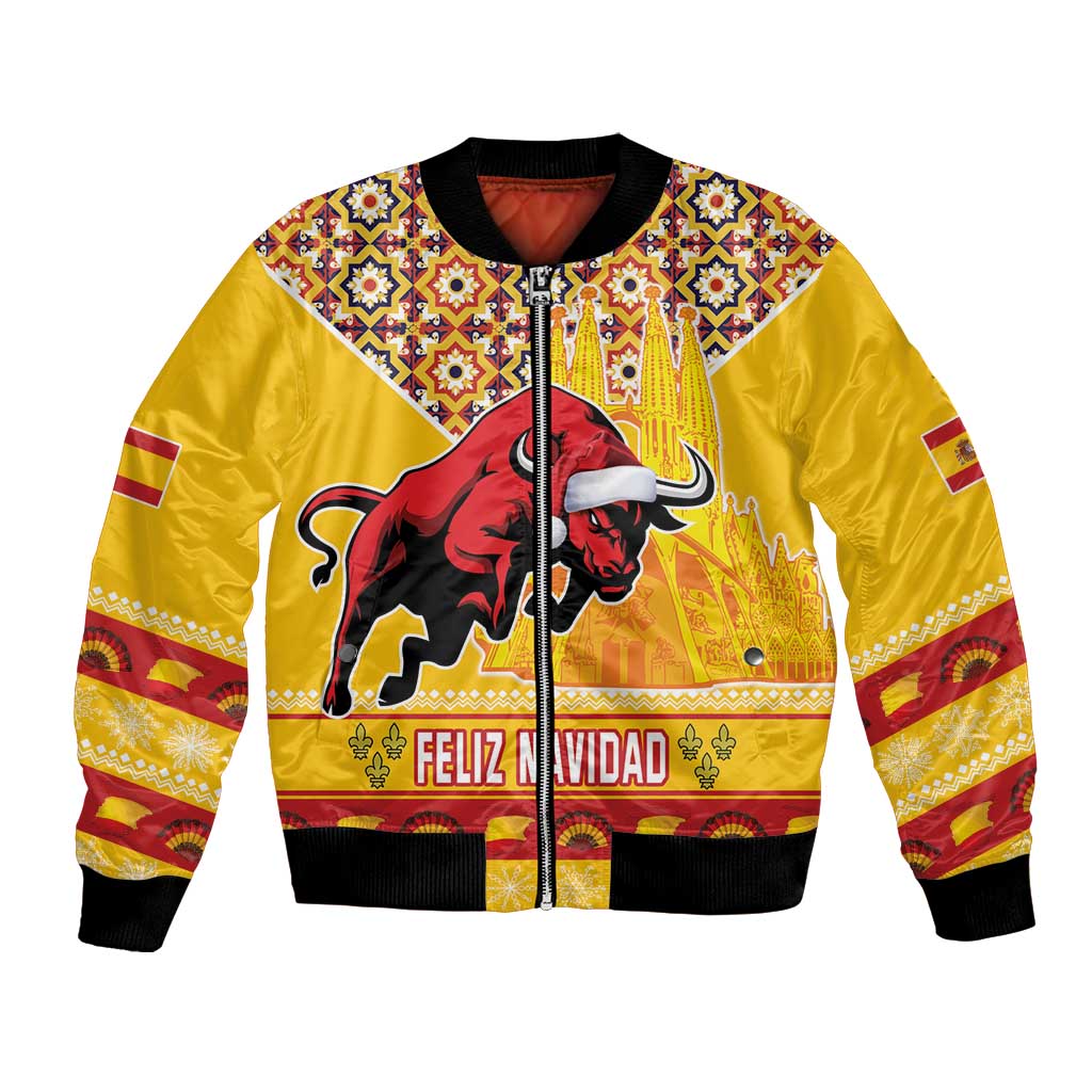 Spain Christmas Bomber Jacket Noble Bull With Sagrada Famlia - Wonder Print Shop