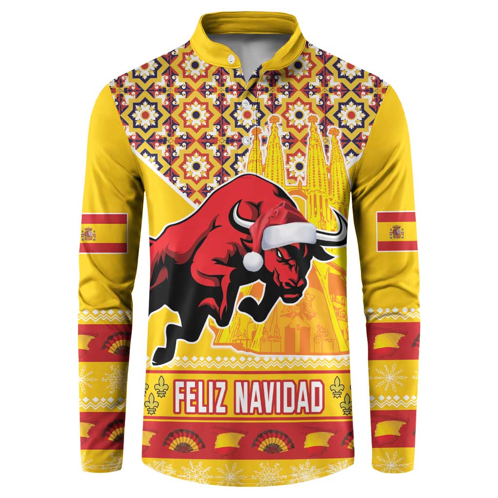 Yellow button sweatshirt with red bull graphic, Feliz Navidad and festive band