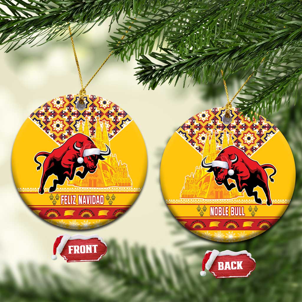 Round ceramic Christmas ornament pair, yellow with red bull and gold building, Feliz Navidad