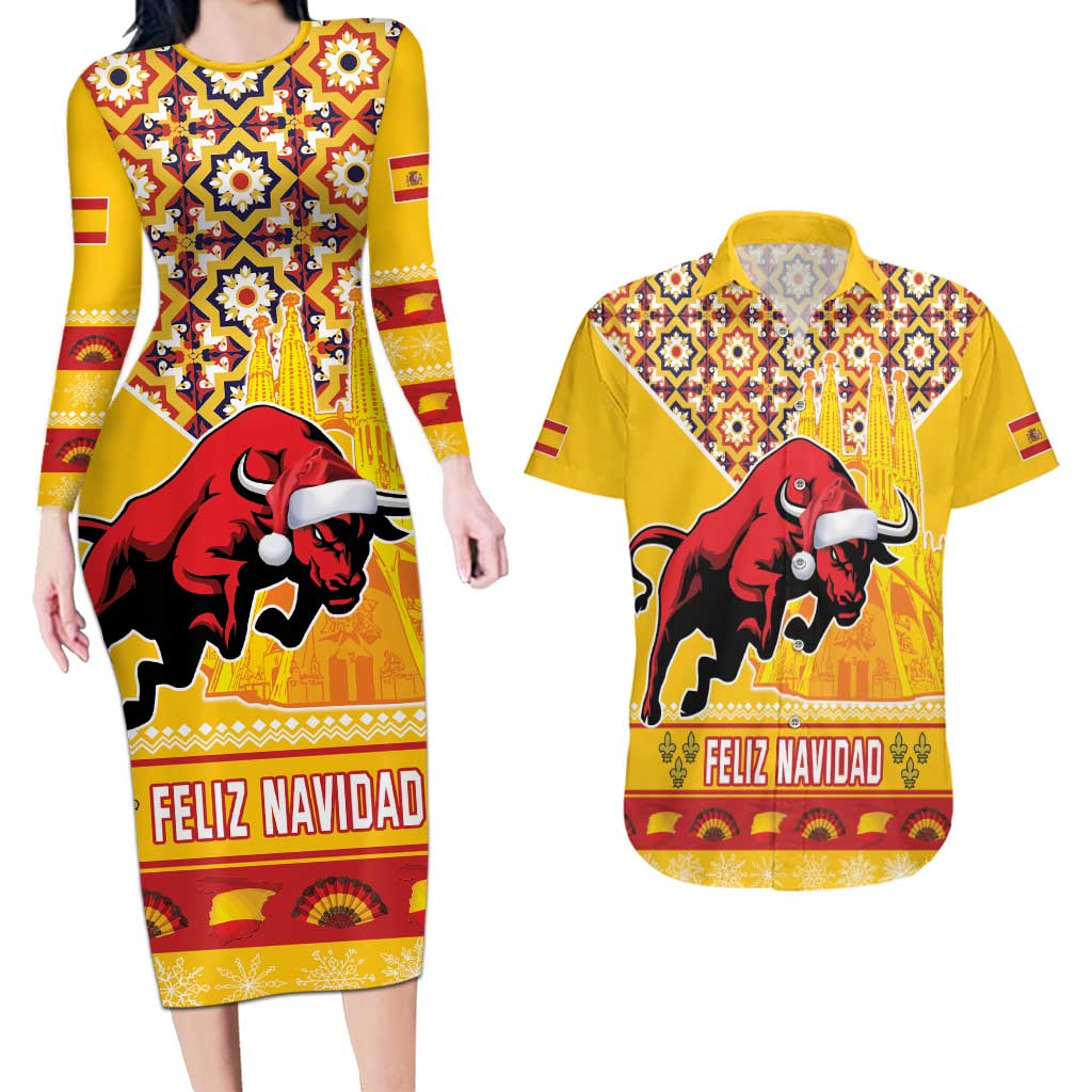 Spain Christmas Couples Matching Long Sleeve Bodycon Dress and Hawaiian Shirt Noble Bull With Sagrada Famlia - Wonder Print Shop