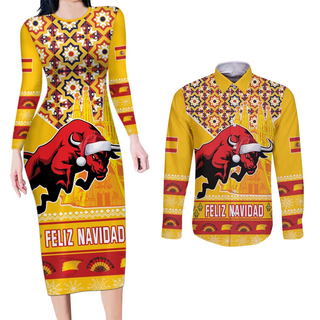 Spain Christmas Couples Matching Long Sleeve Bodycon Dress and Long Sleeve Button Shirt Noble Bull With Sagrada Famlia - Wonder Print Shop