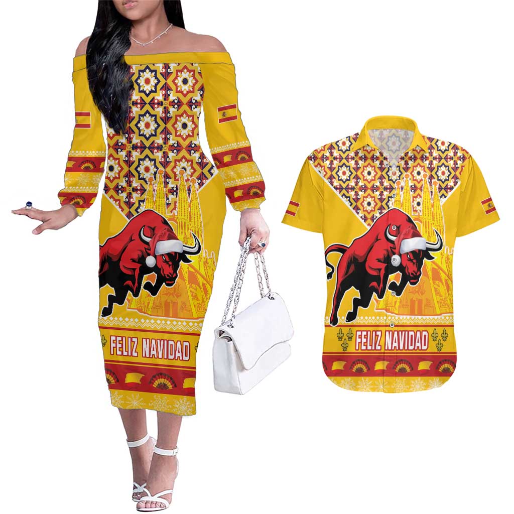 Spain Christmas Couples Matching Off The Shoulder Long Sleeve Dress and Hawaiian Shirt Noble Bull With Sagrada Famlia - Wonder Print Shop