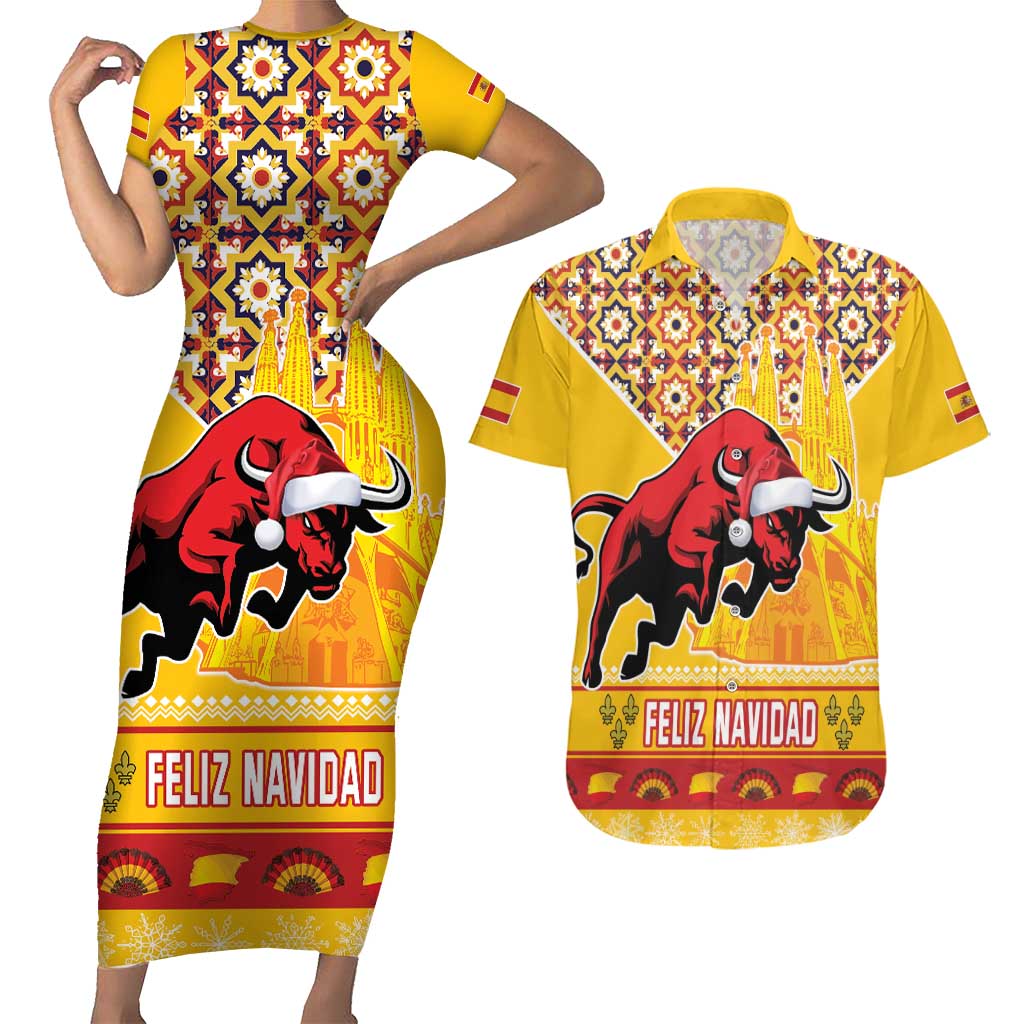 Spain Christmas Couples Matching Short Sleeve Bodycon Dress and Hawaiian Shirt Noble Bull With Sagrada Famlia - Wonder Print Shop