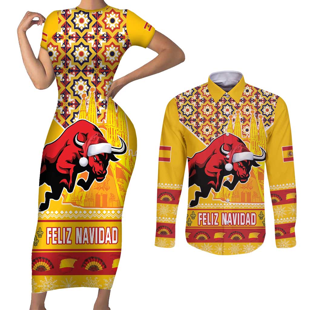 Spain Christmas Couples Matching Short Sleeve Bodycon Dress and Long Sleeve Button Shirt Noble Bull With Sagrada Famlia - Wonder Print Shop