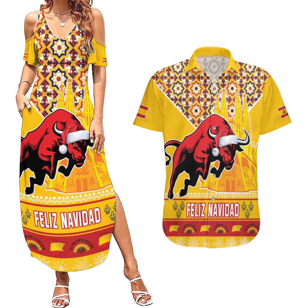 Spain Christmas Couples Matching Summer Maxi Dress and Hawaiian Shirt Noble Bull With Sagrada Famlia - Wonder Print Shop