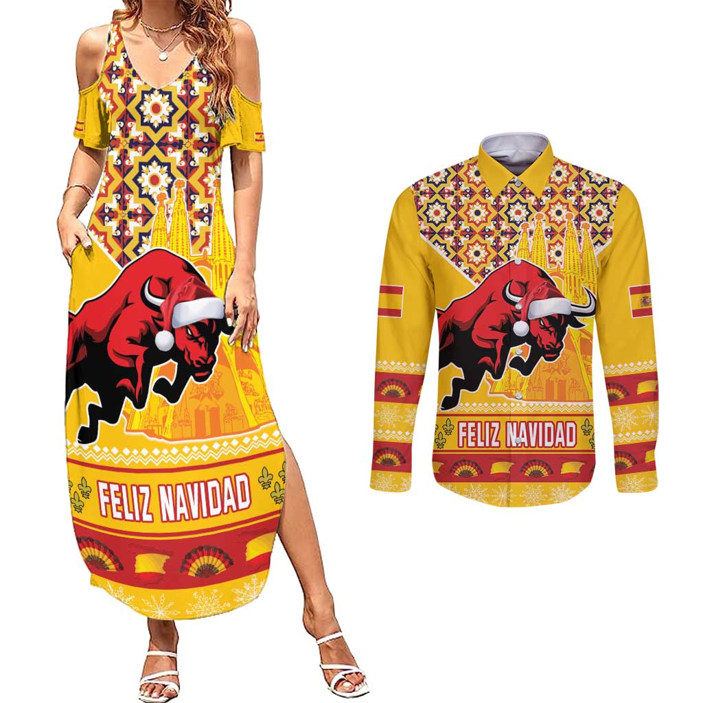 Spain Christmas Couples Matching Summer Maxi Dress and Long Sleeve Button Shirt Noble Bull With Sagrada Famlia - Wonder Print Shop