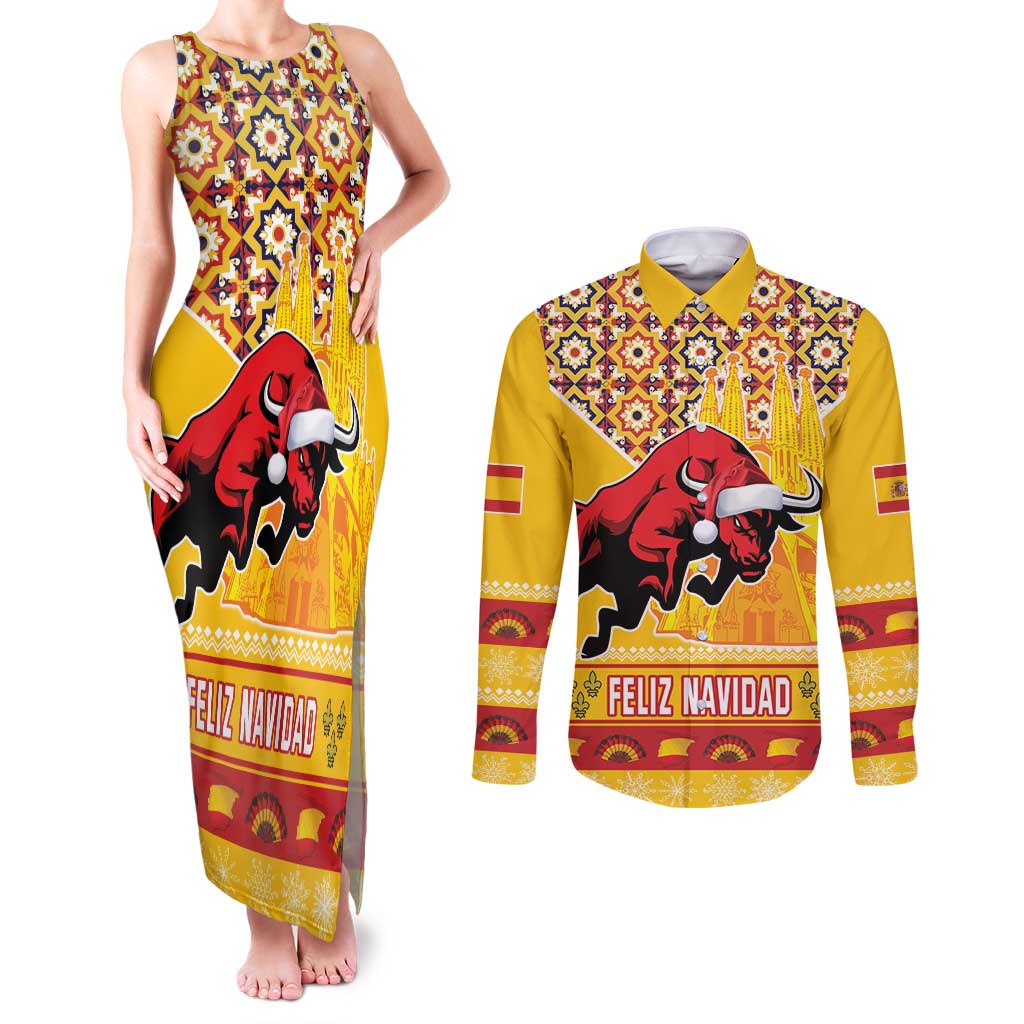 Spain Christmas Couples Matching Tank Maxi Dress and Long Sleeve Button Shirt Noble Bull With Sagrada Famlia - Wonder Print Shop