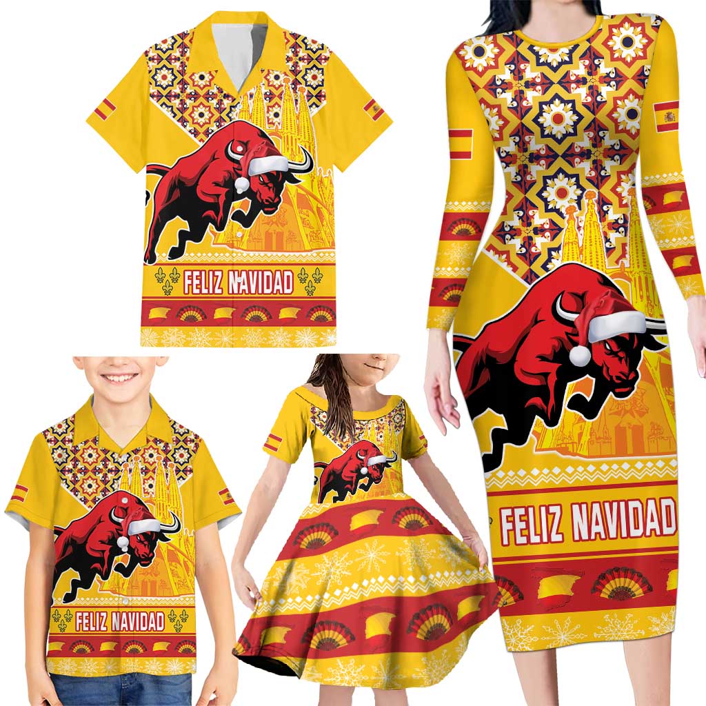 Spain Christmas Family Matching Long Sleeve Bodycon Dress and Hawaiian Shirt Noble Bull With Sagrada Famlia - Wonder Print Shop