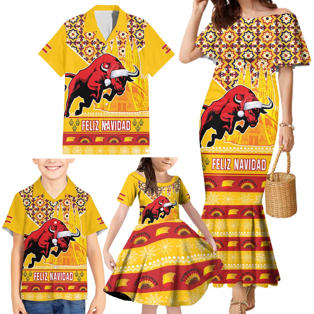 Spain Christmas Family Matching Mermaid Dress and Hawaiian Shirt Noble Bull With Sagrada Famlia - Wonder Print Shop