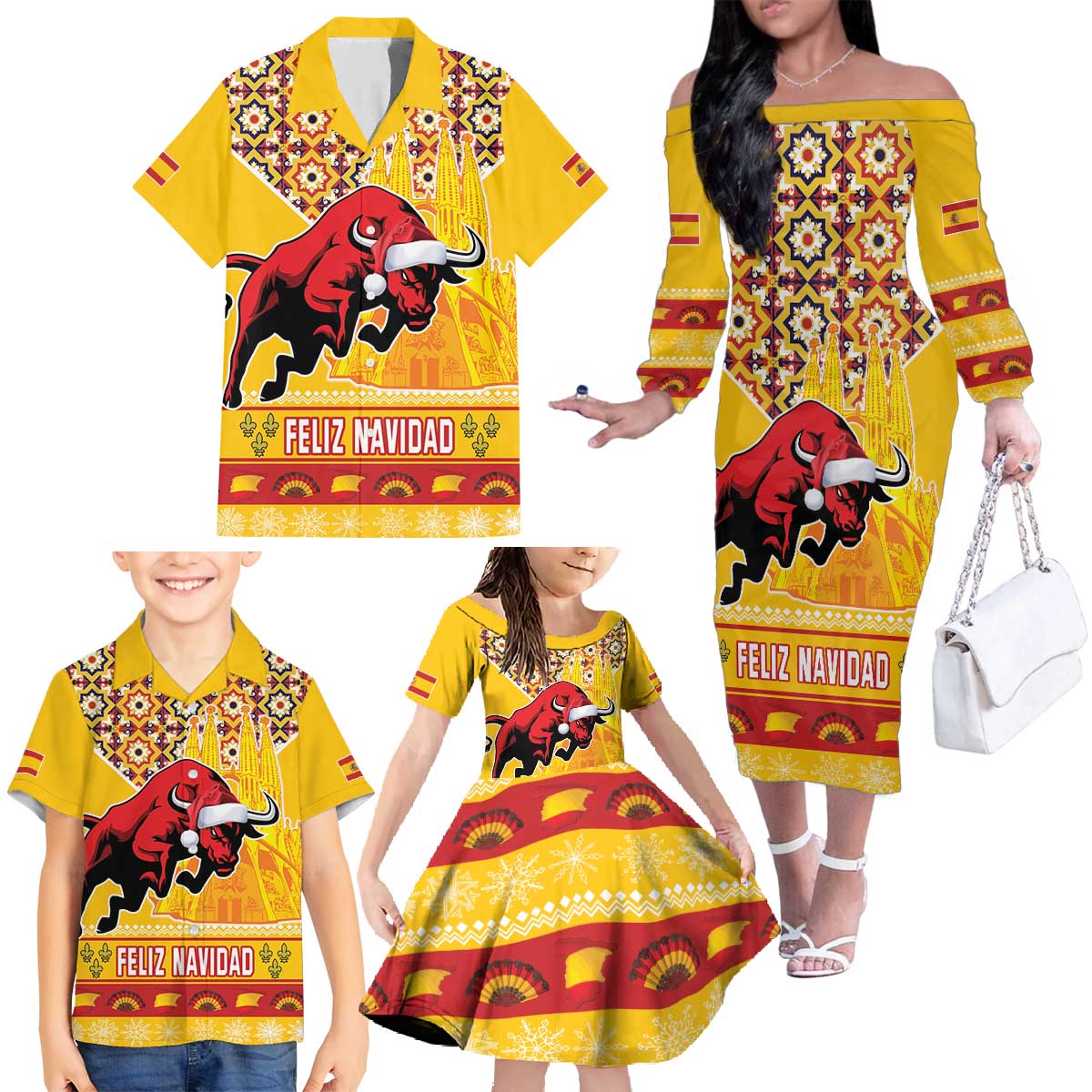 Spain Christmas Family Matching Off The Shoulder Long Sleeve Dress and Hawaiian Shirt Noble Bull With Sagrada Famlia - Wonder Print Shop