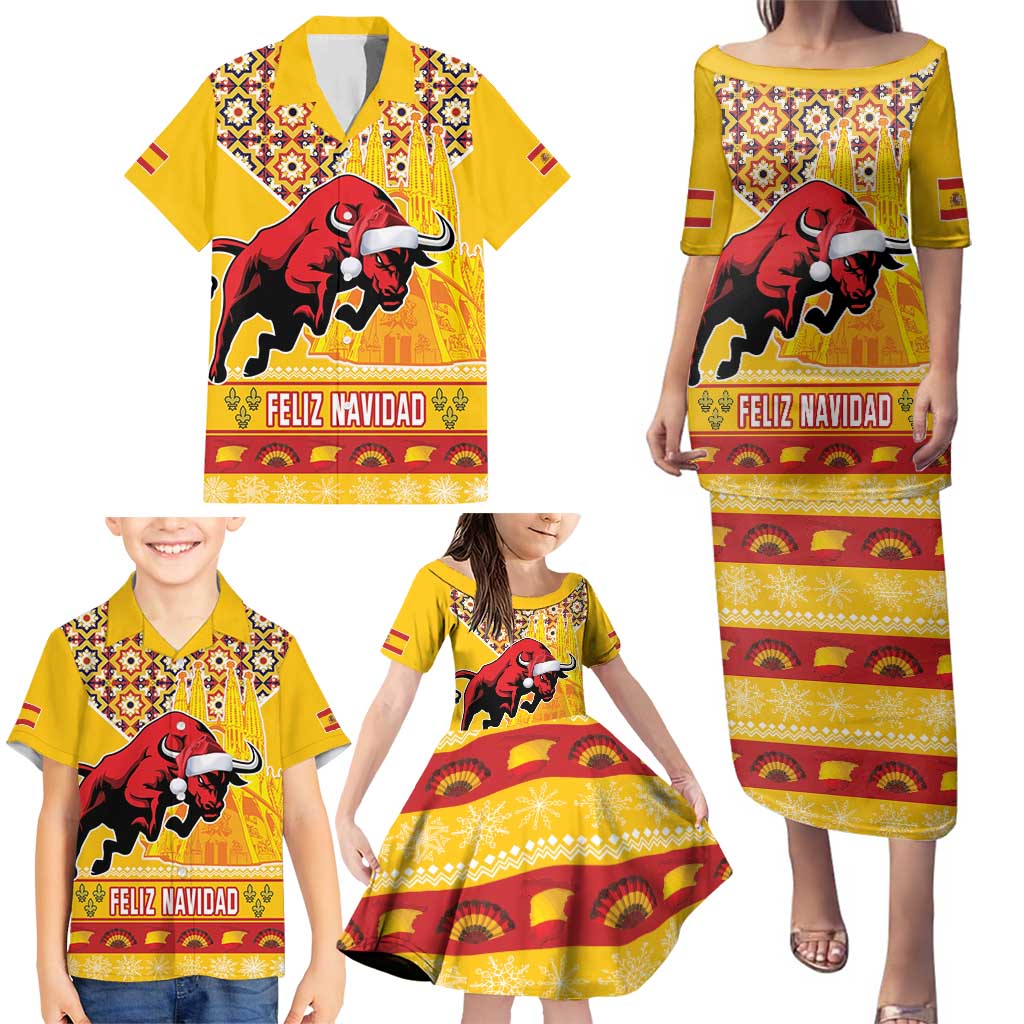 Spain Christmas Family Matching Puletasi and Hawaiian Shirt Noble Bull With Sagrada Famlia - Wonder Print Shop