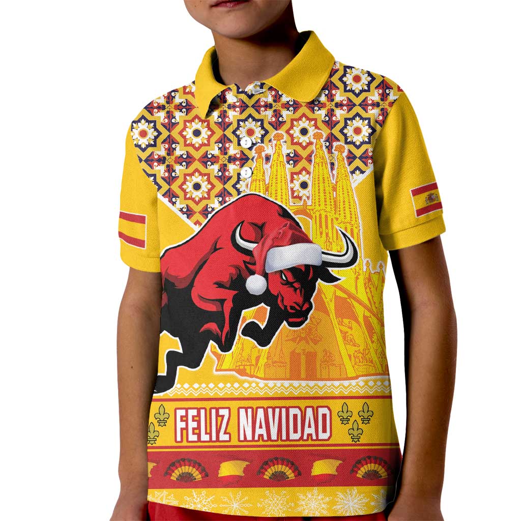 Spain Christmas Kid Polo Shirt Noble Bull With Sagrada Famlia - Wonder Print Shop