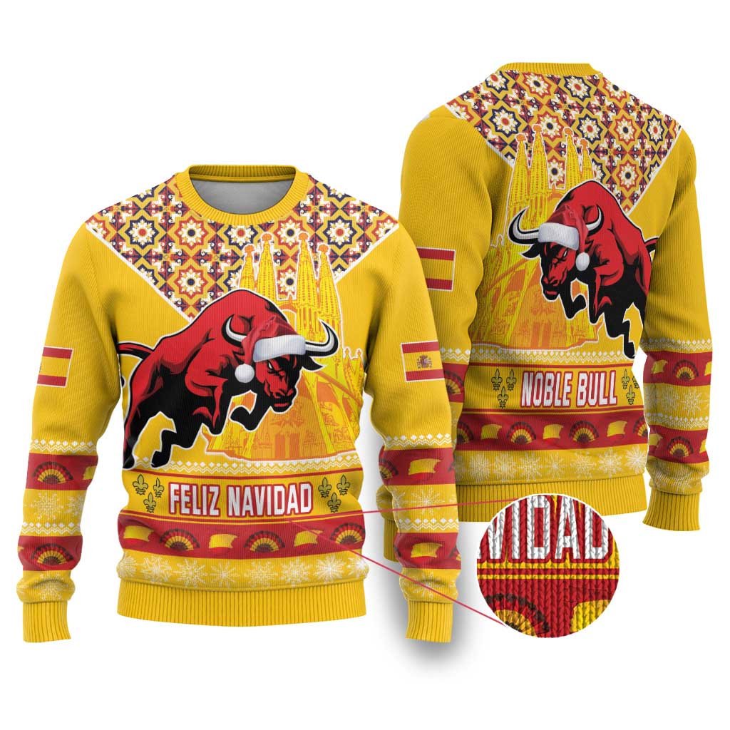 Spain Christmas Ugly Christmas Sweater Noble Bull With Sagrada Famlia - Wonder Print Shop