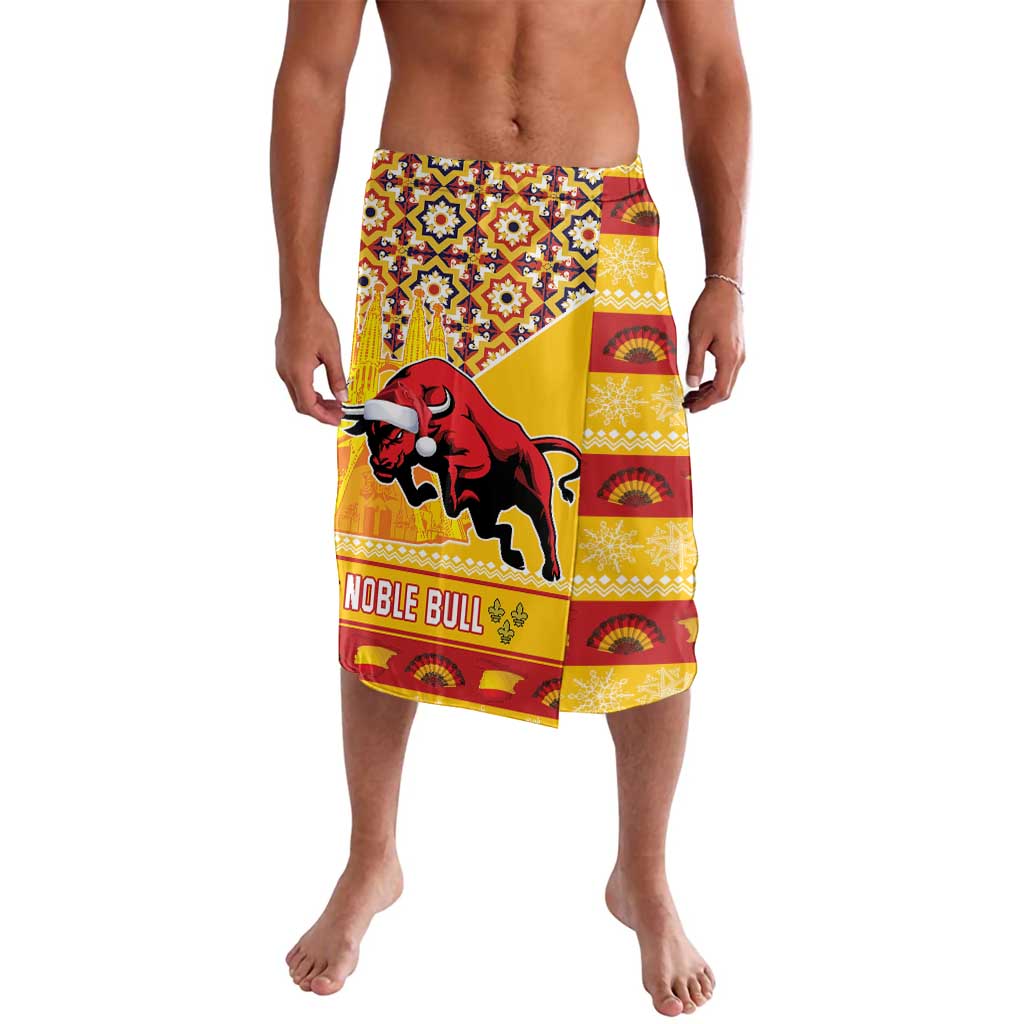 Men's yellow sarong wrap skirt with red bull graphic and 'NOBLE BULL' lettering