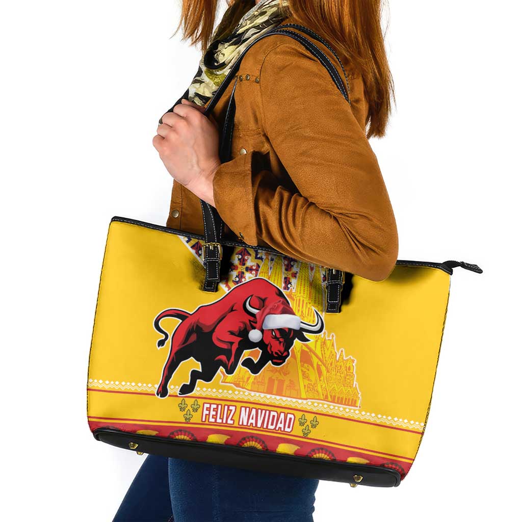 Spain Christmas Leather Tote Bag Noble Bull With Sagrada Famlia - Wonder Print Shop