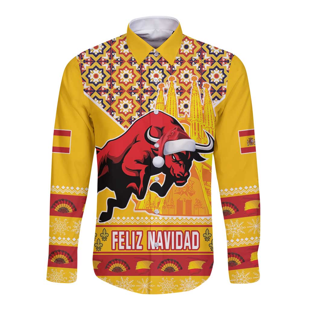 Long sleeve button shirt in gold with red bull graphic and Feliz Navidad text