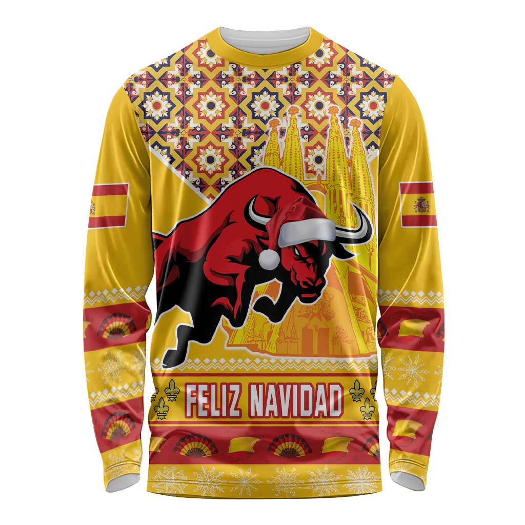 Spain Christmas Long Sleeve Shirt Noble Bull With Sagrada Famlia - Wonder Print Shop