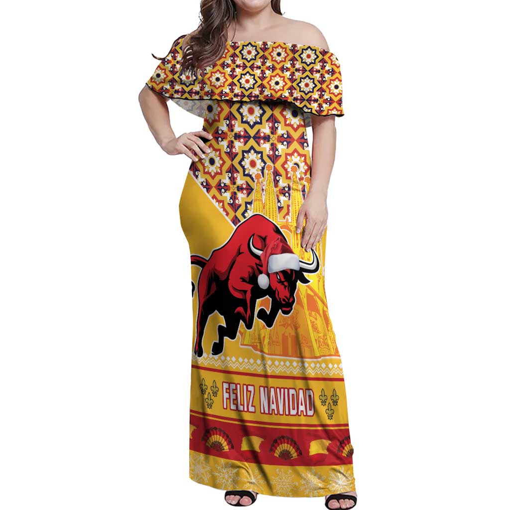 Spain Christmas Off Shoulder Maxi Dress Noble Bull With Sagrada Famlia - Wonder Print Shop