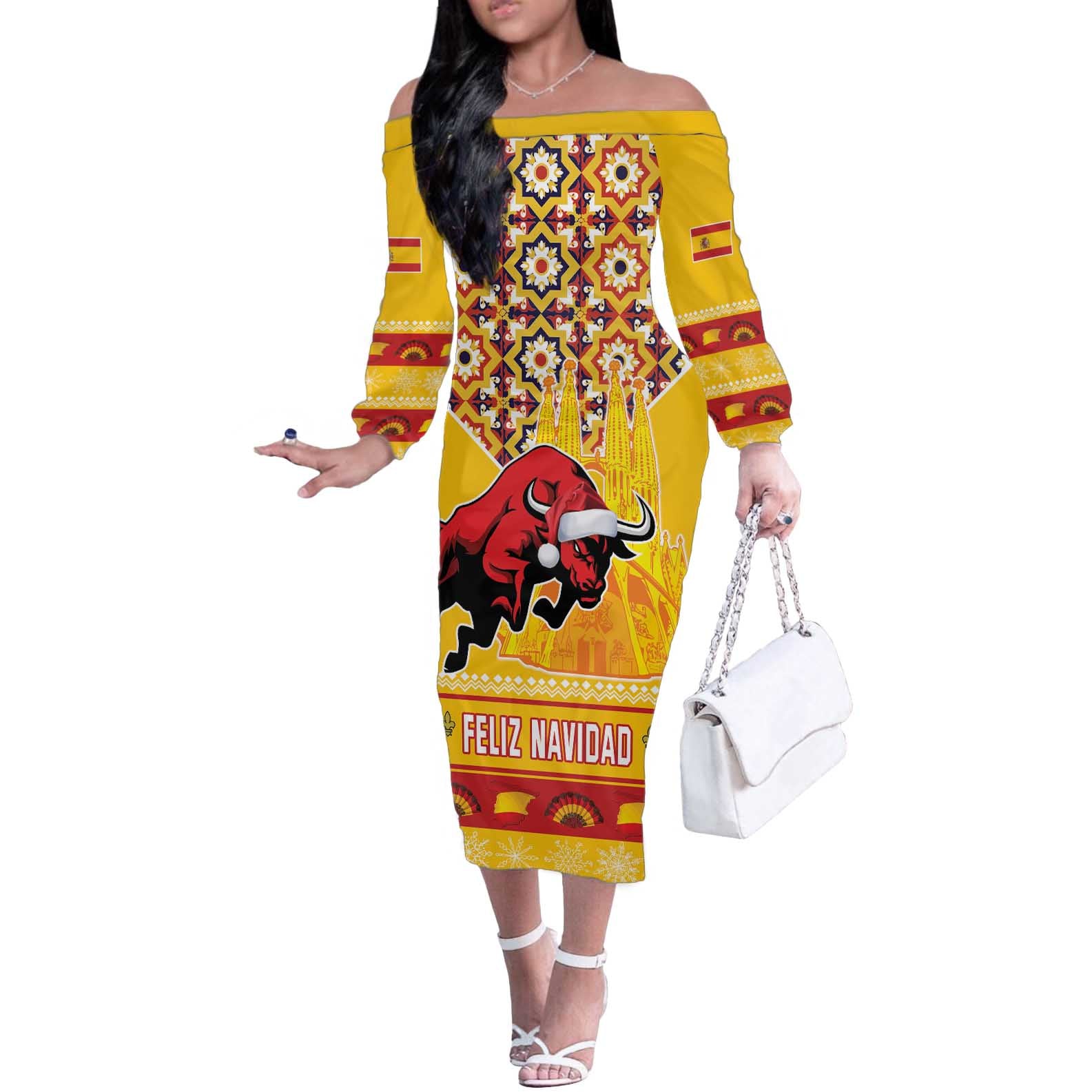 Spain Christmas Off The Shoulder Long Sleeve Dress Noble Bull With Sagrada Famlia - Wonder Print Shop