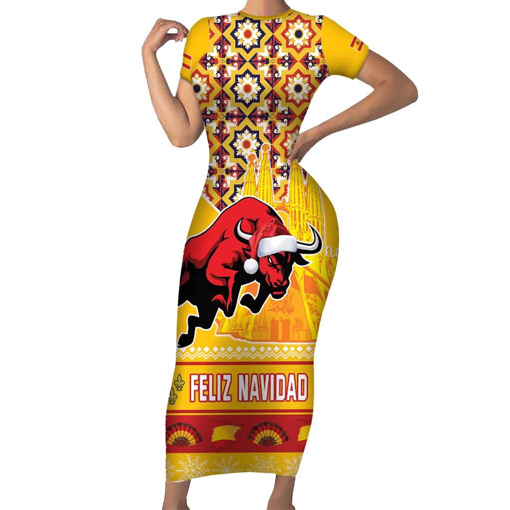 Spain Christmas Short Sleeve Bodycon Dress Noble Bull With Sagrada Famlia - Wonder Print Shop