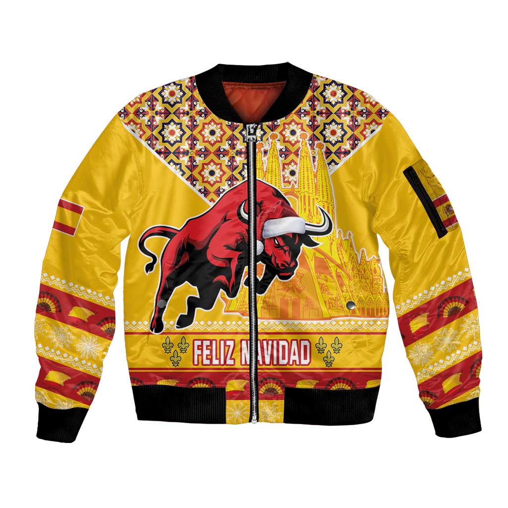 Spain Christmas Sleeve Zip Bomber Jacket Noble Bull With Sagrada Famlia - Wonder Print Shop