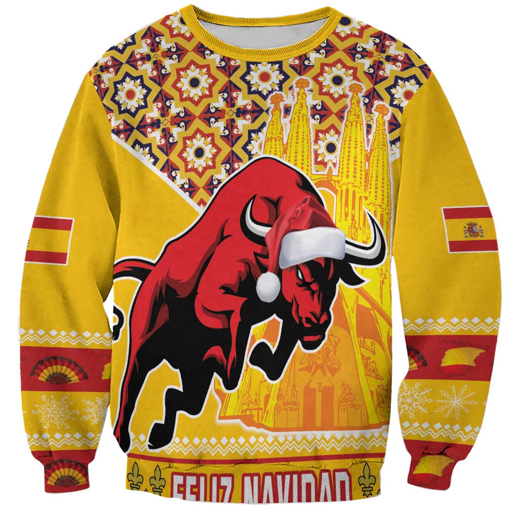 Unisex yellow Christmas sweatshirt with red bull graphic and festive geometric pattern