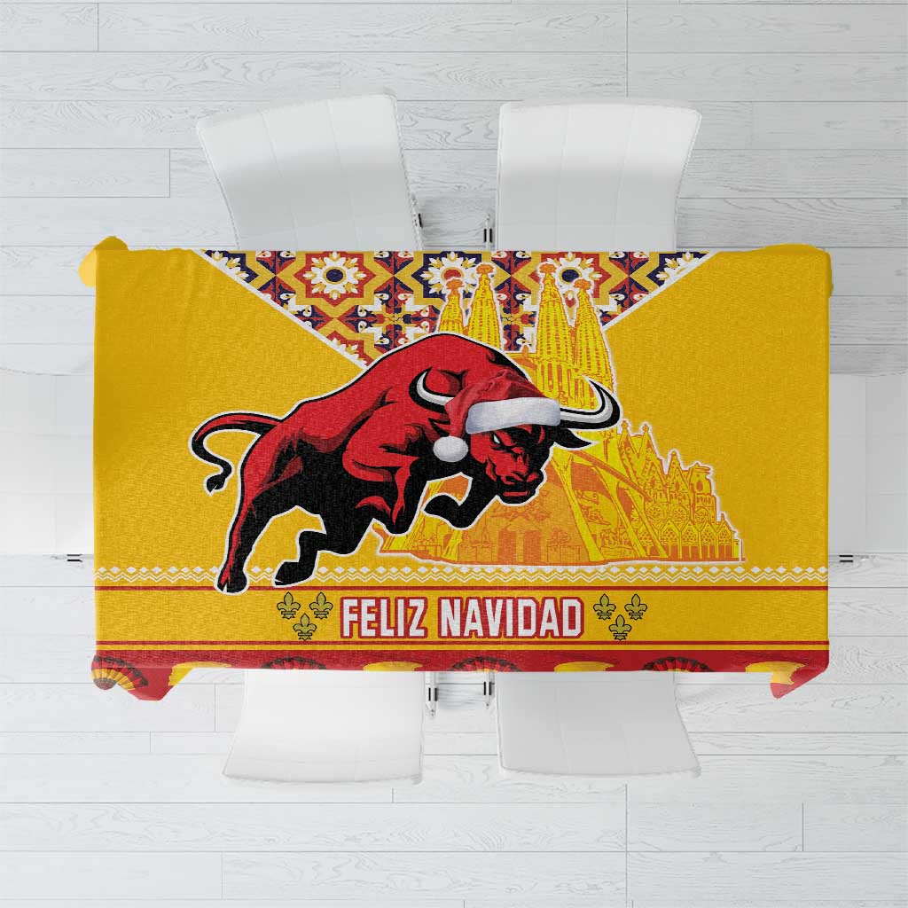 Yellow Christmas tablecloth with red bull, Sagrada Familia skyline, 'FELIZ NAVIDAD'