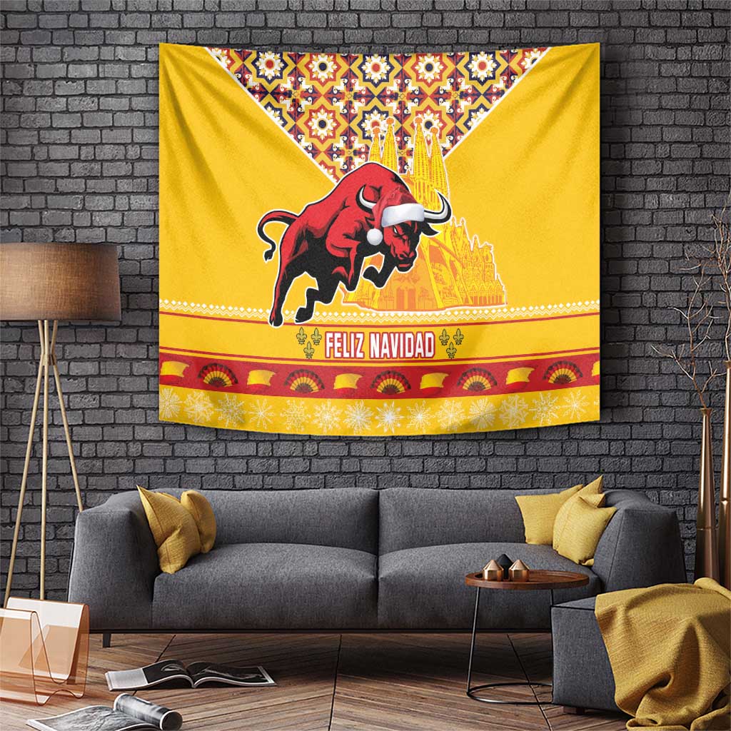Spain Christmas tapestry featuring red bull, Sagrada Familia tower, 'FELIZ NAVIDAD' text