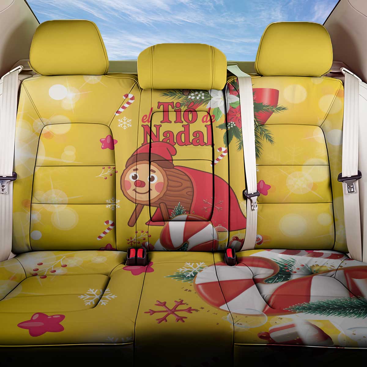 Spain Tio de Nadal Christmas Back Car Seat Cover Traditional Christmas Log Yellow Version - Wonder Print Shop