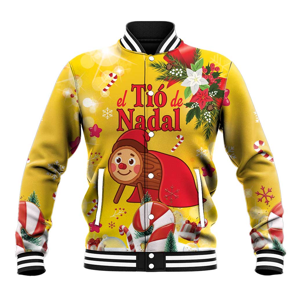 Yellow Christmas baseball jacket with cartoon Tio de Nadal and striped ribbed collar, buttons
