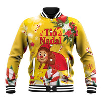 Yellow Christmas baseball jacket with cartoon Tio de Nadal and striped ribbed collar, buttons