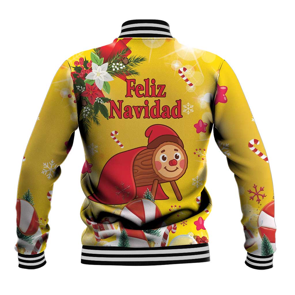 Back view yellow Christmas baseball jacket with Feliz Navidad text, cartoon log character, stripes