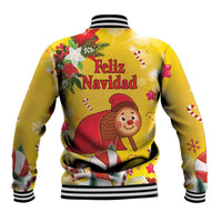 Back view yellow Christmas baseball jacket with Feliz Navidad text, cartoon log character, stripes