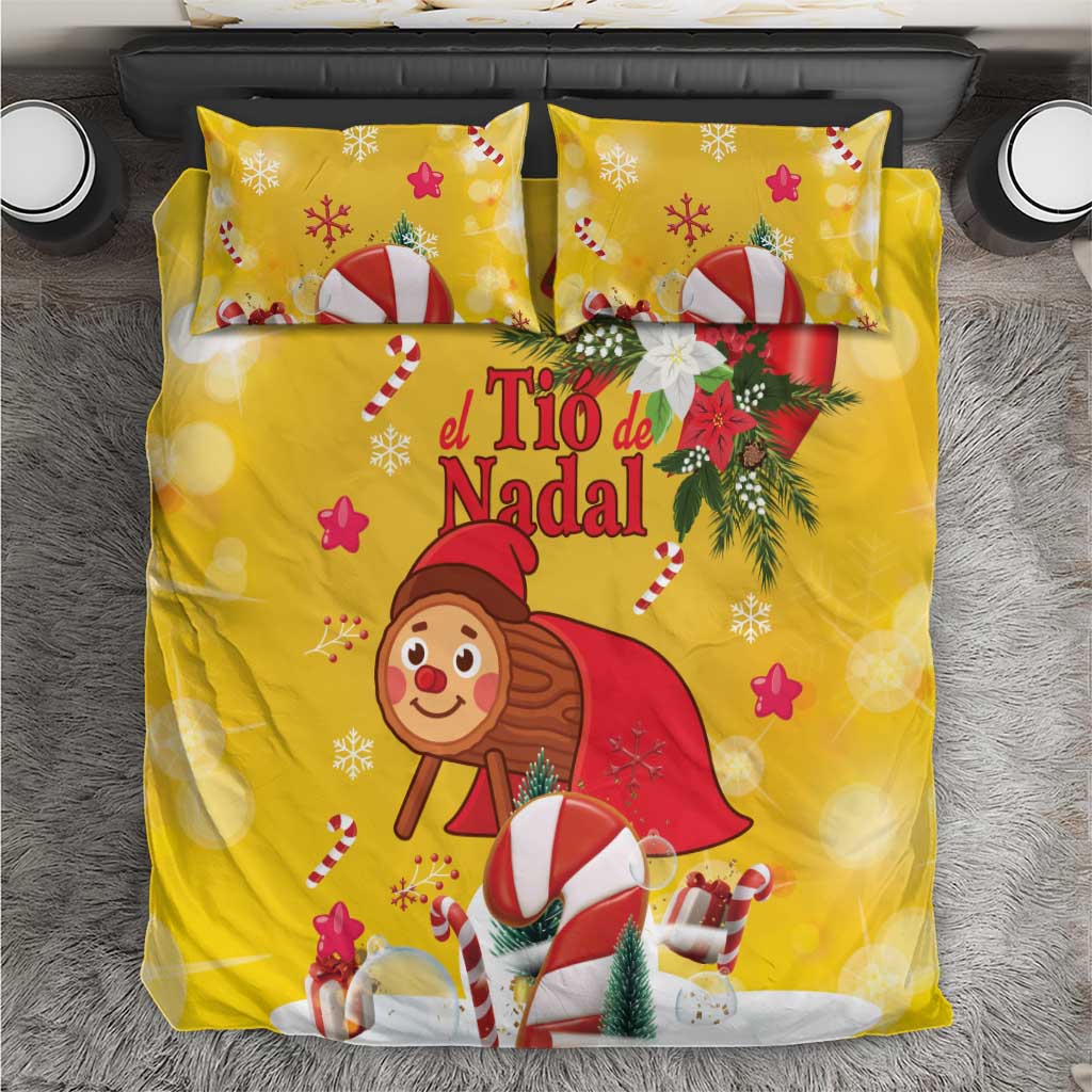 Top view of yellow Christmas bedding set with cartoon log character, candy cane, and pillows